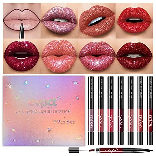 evpct 7Pcs Pink Red Glitter Matte Lip Liner and Liquid Lipstick Set Kit Long Lasting, Matte to Lip Glitter Metallic Dark Red Sparkle Sparkly Glossy Permanent Liquid Lipsticks Lip Gloss Set for Women