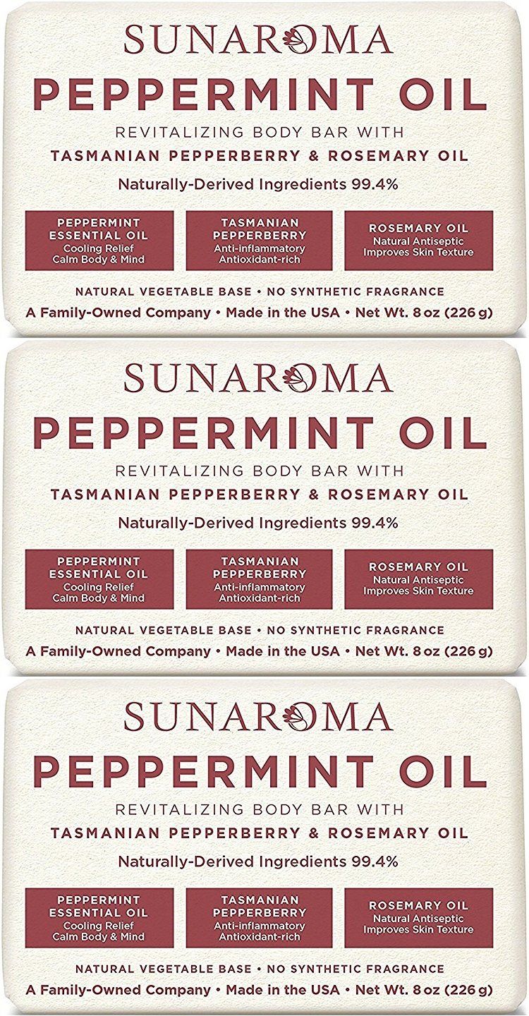 Sunaroma Peppermint Oil &amp; Rosemary Body Bar Soap, 8 Ounce (Pack of 3)