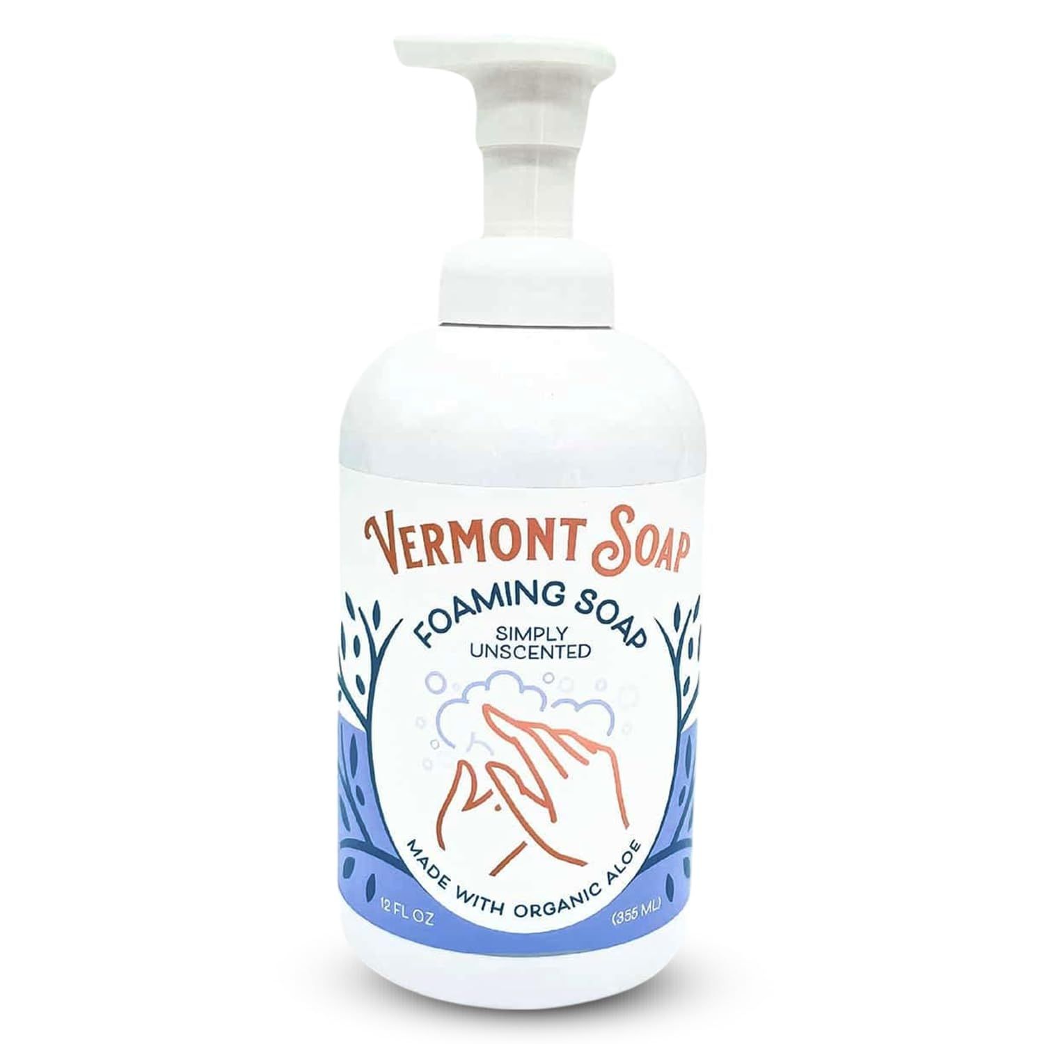 VERMONT SOAP Organic Unscented Foaming Hand Soap - Natural Moisturizing Soap for Dry Skin - Fragrance Free Liquid Bathroom Hand Soap Dispenser - Simply Unscented - 12 oz