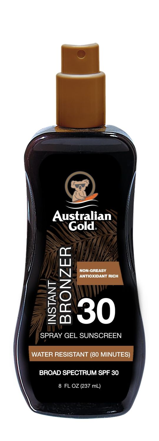 Australian Gold Spray Gel Sunscreen with Instant Bronzer SPF 30, 8 Ounce, Moisturize &amp; Hydrate Skin, Broad Spectrum, Water Resistant, Non-Greasy, Vegan and PETA Approved, Cocoa Dreams Scent