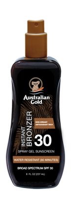 Australian Gold Spray Gel Sunscreen with Instant Bronzer SPF 30, 8 Ounce, Moisturize &amp; Hydrate Skin, Broad Spectrum, Water Resistant, Non-Greasy, Vegan and PETA Approved, Cocoa Dreams Scent
