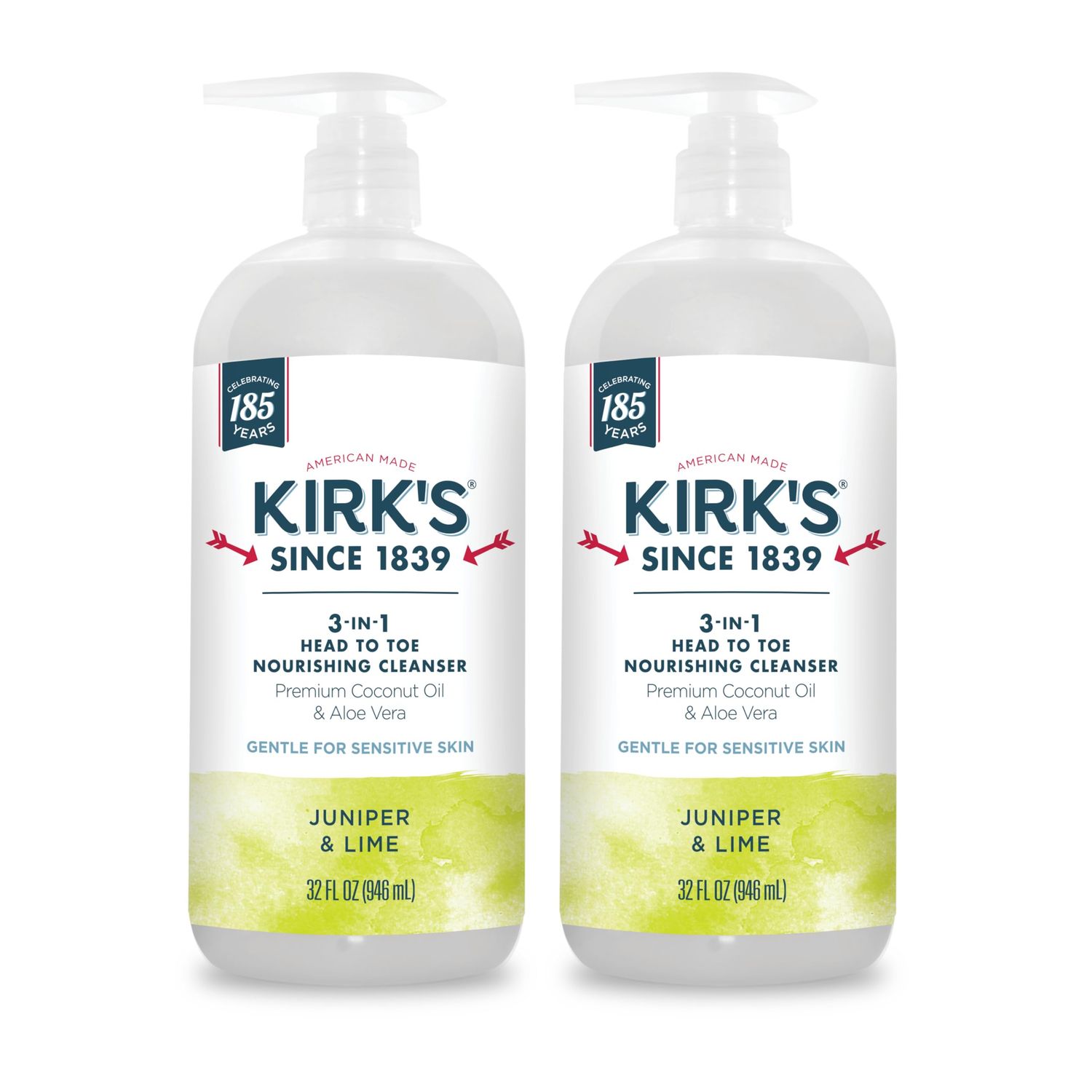 Kirk&#39;s 3-in-1 Head to Toe Nourishing Liquid Cleanser- for Men, Women &amp; Children - Premium Coconut Oil &amp; Aloe Vera- Non GMO &amp; Vegan -Juniper &amp; Lime - 32 Fl Oz 2 Pack