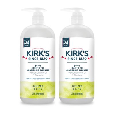 Kirk&#39;s 3-in-1 Head to Toe Nourishing Liquid Cleanser- for Men, Women &amp; Children - Premium Coconut Oil &amp; Aloe Vera- Non GMO &amp; Vegan -Juniper &amp; Lime - 32 Fl Oz 2 Pack