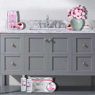 Valentines Gifts - Bath and Body Spa Gift Basket Set For Women - Cherry Blossom Home Spa Set with Fragrant Lotions, 2 Extra Large Bath Bombs, Mirror and Silver Reusable Travel Cosmetics Bag and More