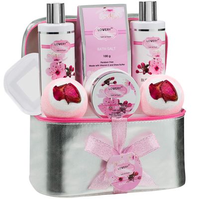 Valentines Gifts - Bath and Body Spa Gift Basket Set For Women - Cherry Blossom Home Spa Set with Fragrant Lotions, 2 Extra Large Bath Bombs, Mirror and Silver Reusable Travel Cosmetics Bag and More