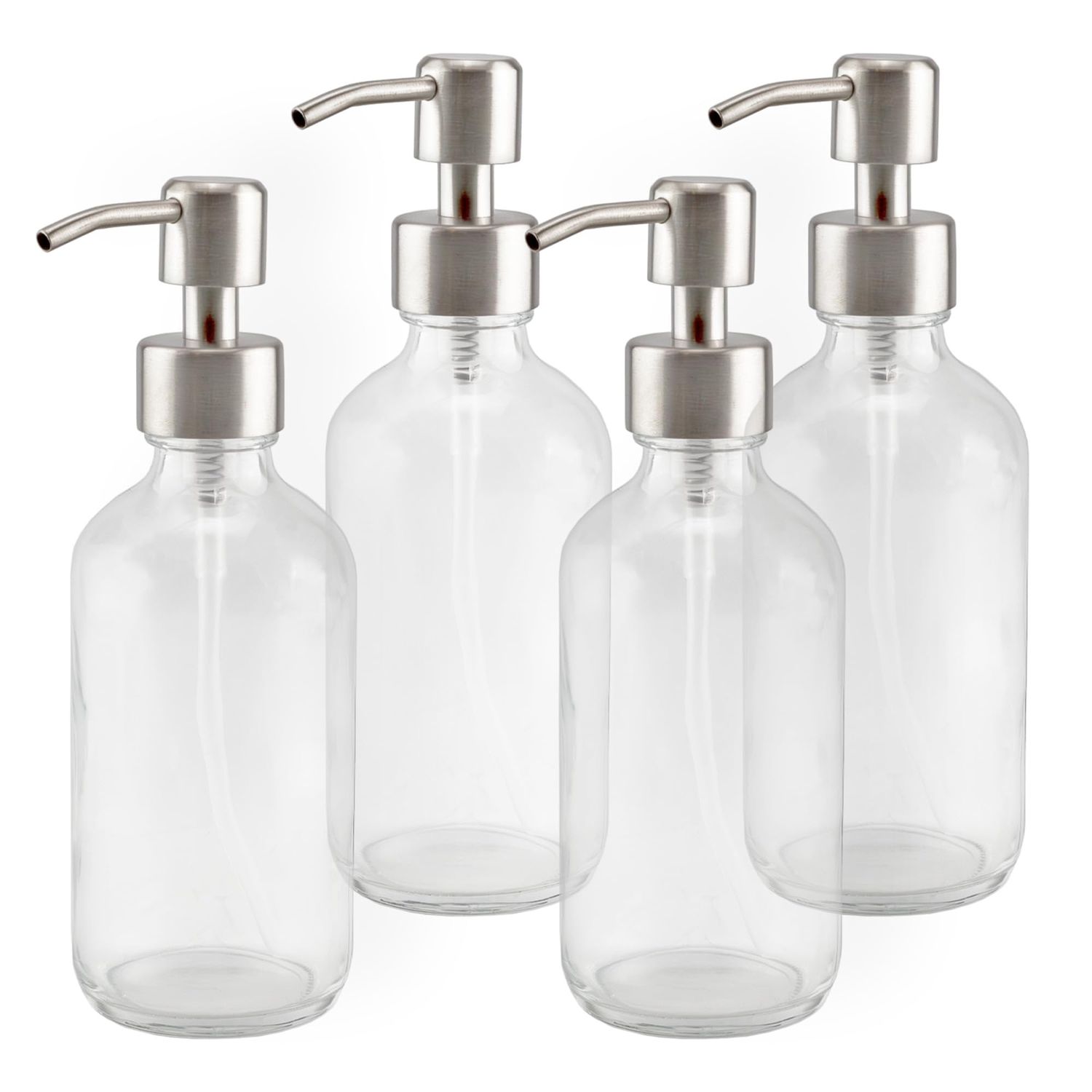 Cornucopia Brands 8-Ounce Clear Glass Boston Round Bottles w/Stainless Steel Lotion Pumps (4-Pack); Empty Refillable Liquid Soap &amp; Lotion Bottles