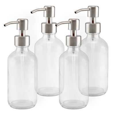 Cornucopia Brands 8-Ounce Clear Glass Boston Round Bottles w/Stainless Steel Lotion Pumps (4-Pack); Empty Refillable Liquid Soap &amp; Lotion Bottles