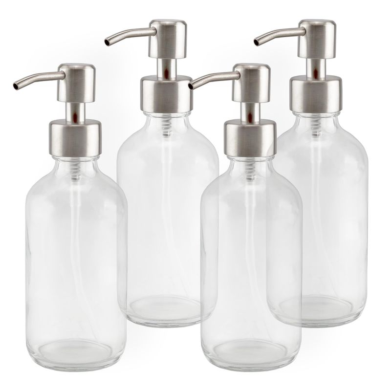 Cornucopia Brands 8-Ounce Clear Glass Boston Round Bottles w/Stainless Steel Lotion Pumps (4-Pack); Empty Refillable Liquid Soap &amp; Lotion Bottles