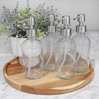 Cornucopia Brands 8-Ounce Clear Glass Boston Round Bottles w/Stainless Steel Lotion Pumps (4-Pack); Empty Refillable Liquid Soap &amp; Lotion Bottles