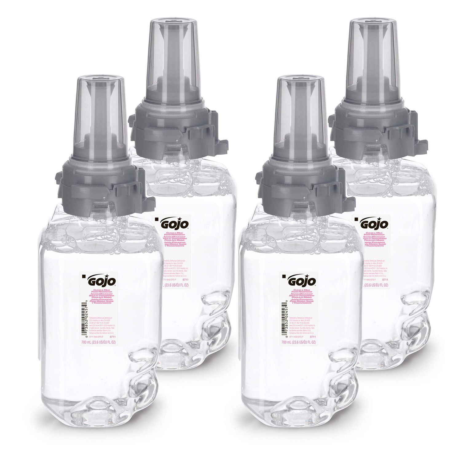 GOJO Clear &amp; Mild Foam Handwash, EcoLogo Certified, 700 mL Hand Soap Refill ADX-7 Push-Style Dispenser (Pack of 4) - 8711-04