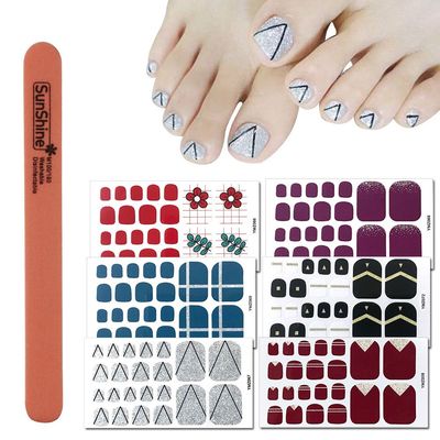 WOKOTO 6 Sheets Self-Adhesive Nail Polish Wraps for Toes and 1Pc Nail File Shinny Solid Silver Stickers Toe Nail Polish Strips for Women Girl Kids