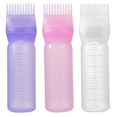 Pimoys Root Comb Applicator Bottle 6 Ounce Oil Applicator for Hair Dye, 3 Pack Hair Oiling Bottle Brush with Graduated Scale (Pink, Purple, White)