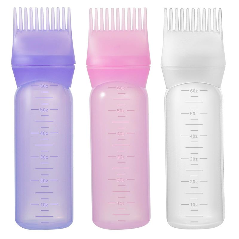 Pimoys Root Comb Applicator Bottle 6 Ounce Oil Applicator for Hair Dye, 3 Pack Hair Oiling Bottle Brush with Graduated Scale (Pink, Purple, White)