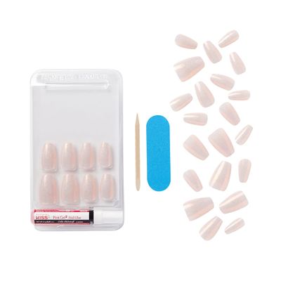 KISS Classy French Nail Manicure Kit with Gel Finish,Medium, Coffin Shaped, Includes Pink Nail Glue (Net Wt. 2 g / 0.07oz.), Mini Nail File,Manicure Stick,and 28 Fake Nails,Cozy Meets Cute', 28 Count