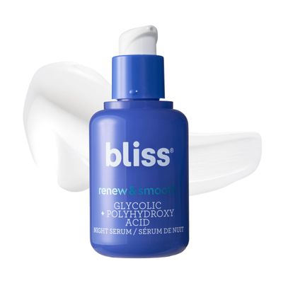 Bliss Renew &amp; Smooth Night Face Serum | Resurfacing Treatment with Glycolic Acid and AHA Glycolic + Polyhydroxy Acid | for Smoother, Brighter Skin | Vegan &amp; Cruelty-Free Exfoliating Serum | 1 Fl Oz