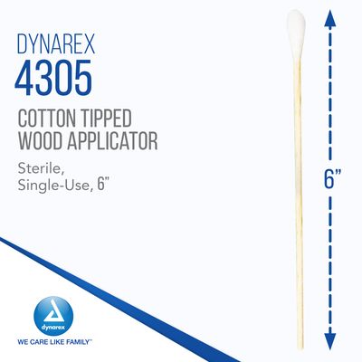 Dynarex 6-Inch Sterile Cotton Tipped Applicators - Single-Use Wooden Cotton Tip Applicators for Wound Care &amp; Dressing, Hygiene, Make Up, Cleaning Tools, Jewelry - 1 Box of 100 Pouches, 2 per Pouch