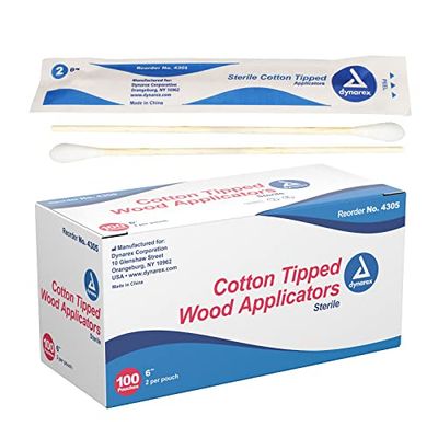 Dynarex 6-Inch Sterile Cotton Tipped Applicators - Single-Use Wooden Cotton Tip Applicators for Wound Care &amp; Dressing, Hygiene, Make Up, Cleaning Tools, Jewelry - 1 Box of 100 Pouches, 2 per Pouch