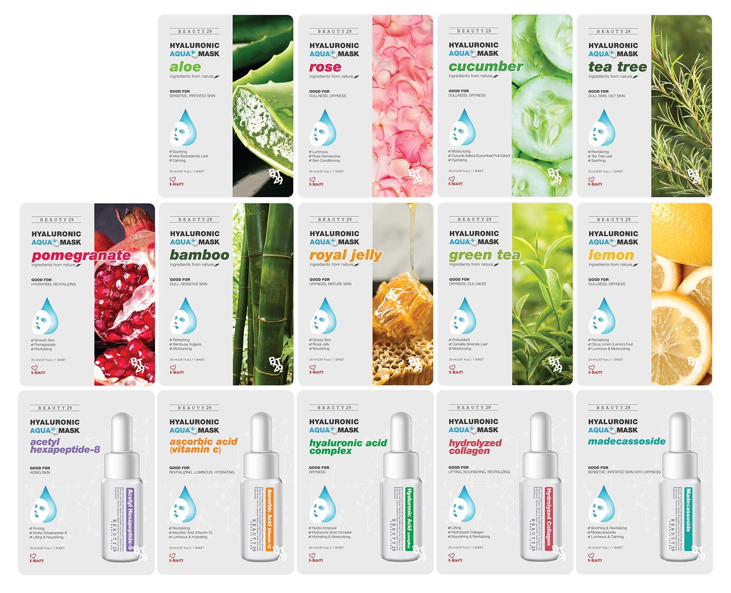 BEAUTY29 Hyaluronic Aqua Plus Essence Full Face Facial Sheet Mask 14 Sheets Combo - 2 WEEKS SET