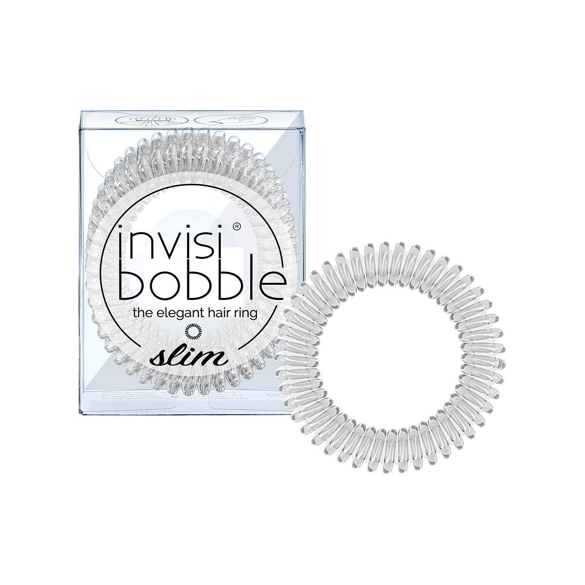 invisibobble SLIM Traceless Spiral Hair Ties - Pack of 3, Crystal Clear - Strong Elastic Grip Coil Hair Accessories for Women - No Kink, Non Soaking - Gentle for Girls Teens and Thick Hair