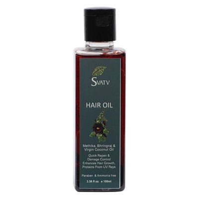 SVATV Hair Oil With Methika Bhringraj &amp; Virgin Coconut Oil Hair Ext. Natural Hair Treatment For Hair Growth, Dry Scalp, Thinning Hair - Best Hair Massage Oil For Men &amp; Women - 100 ml