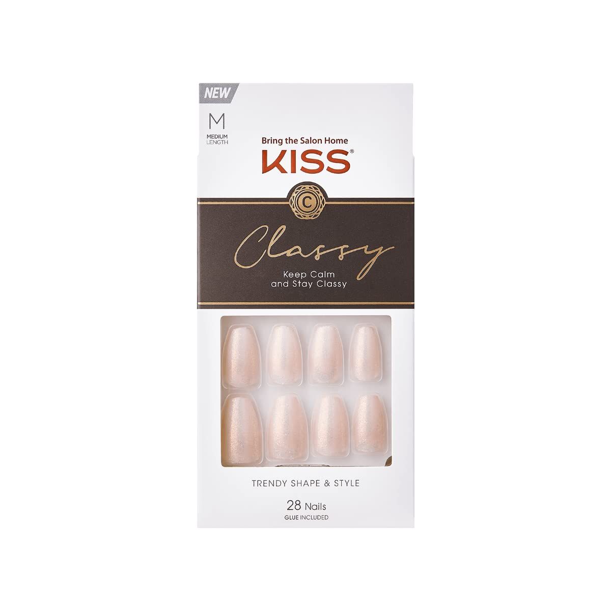 KISS Classy French Nail Manicure Kit with Gel Finish,Medium, Coffin Shaped, Includes Pink Nail Glue (Net Wt. 2 g / 0.07oz.), Mini Nail File,Manicure Stick,and 28 Fake Nails,Cozy Meets Cute&#39;, 28 Count
