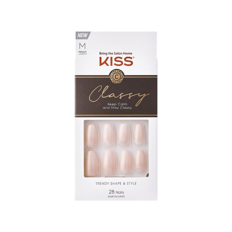 KISS Classy French Nail Manicure Kit with Gel Finish,Medium, Coffin Shaped, Includes Pink Nail Glue (Net Wt. 2 g / 0.07oz.), Mini Nail File,Manicure Stick,and 28 Fake Nails,Cozy Meets Cute', 28 Count