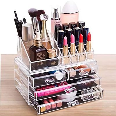 Cq acrylic 2 Pack Clear Make Up Organizer Countertop, Stackable 4 Drawers Makeup Storage, Cute Vanity Organizers for Dresser Hair Clip,Jewelry,Beauty Product Desk and Bathroom Organizers and Storage