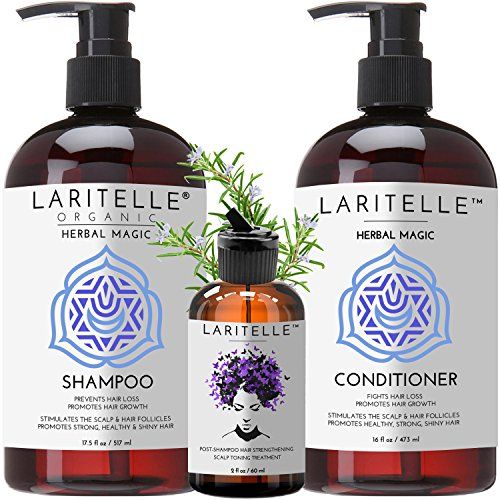 Laritelle Organic Hair Loss Prevention Shampoo 17.5 oz + Conditioner 16 oz + Bonus Post-shampoo Treatment 2 oz | Unscented &amp; Hypoallergenic | NO GMO, Sulfates, Gluten, Alcohol, Parabens, Phthalates