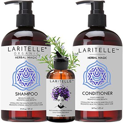 Laritelle Organic Hair Loss Prevention Shampoo 17.5 oz + Conditioner 16 oz + Bonus Post-shampoo Treatment 2 oz | Unscented &amp; Hypoallergenic | NO GMO, Sulfates, Gluten, Alcohol, Parabens, Phthalates