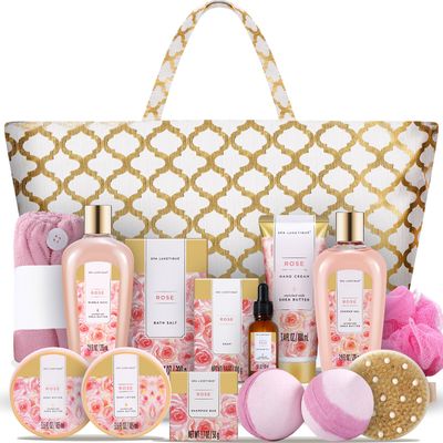 Spa Luxetique Spa Baskets for Women Gift, Gift Basket for Women, 15pcs Rose Spa Sets, Spa Kit Includes Bath Oil, Bath Salt, Bubble Bath, Bath Sets for Women Gift, Christmas Gifts for Women