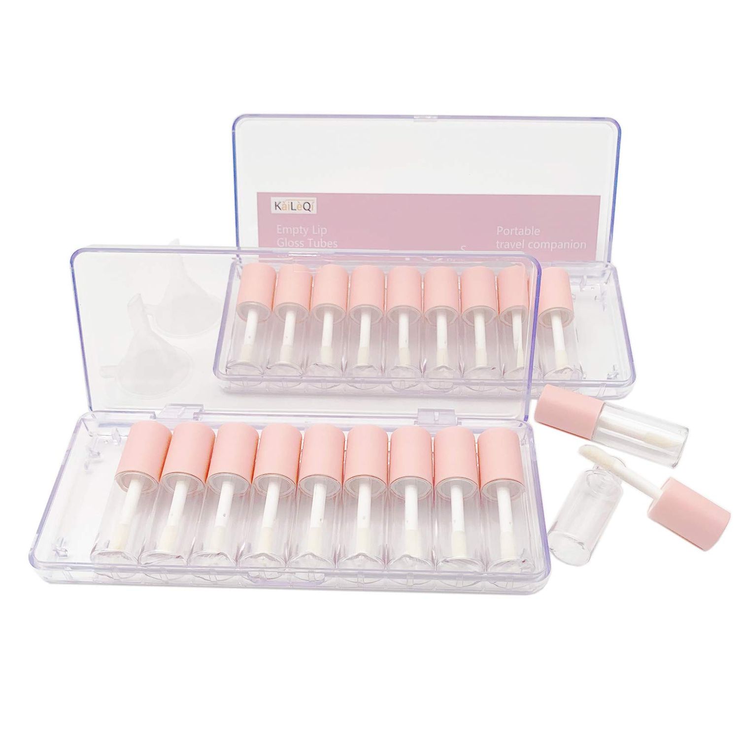 KaiLeQi Pink lip gloss tubes with wand empty bottles 3.5ml Clear Mini Refillable lip gloss containers DIY lip gloss making kit&amp;Funnel &amp; Rubber Stoppers (20PCS in two boxes)