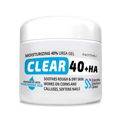 Clear Urea Cream 40% + 1% Hyaluronic Acid (4oz) | Softens Cracked Heels &amp; Dry Skin Urea Cream 40 Percent - Infused w Tea Tree &amp; Coconut Oil | Urea Cream for Callus &amp; Corn Treatment | Made in USA