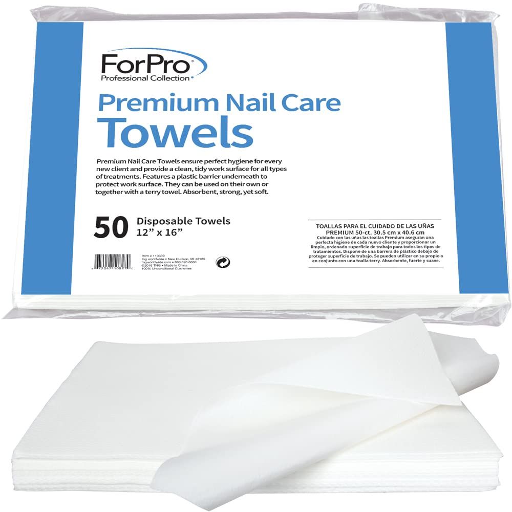 ForPro Professional Collection Premium Nail Care Towels for Manicures and Pedicures, Lint-Free, Disposable with Poly Back, 12&quot; x 16&quot;, 50-Count