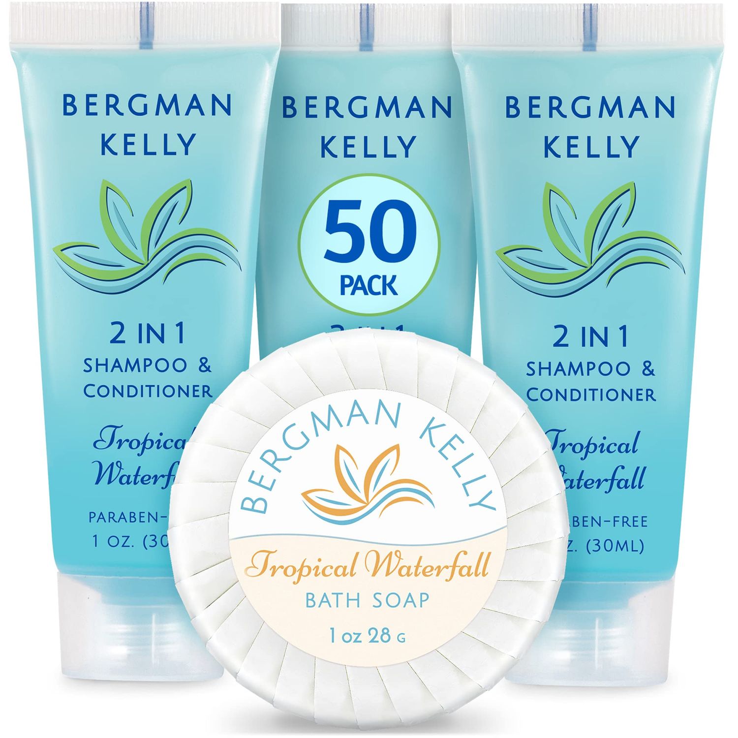 BERGMAN KELLY Round Soap Bars, 2in1 Shampoo &amp; Conditioner 2-Piece Set (Tropical Waterfall, 1 oz each, 100 pc), Delight Your Guests with Revitalizing &amp; Refreshing Sanitary Toiletries &amp; Hotel Amenities