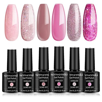 senvenski Gel Nail Polish Light Pink Peach Red Cherry Rose Pearl Glitter Shimmer Crystal Girlfriend Gift UV LED Manicure Art Varnish Set Kit 6pcs (CS6-001)
