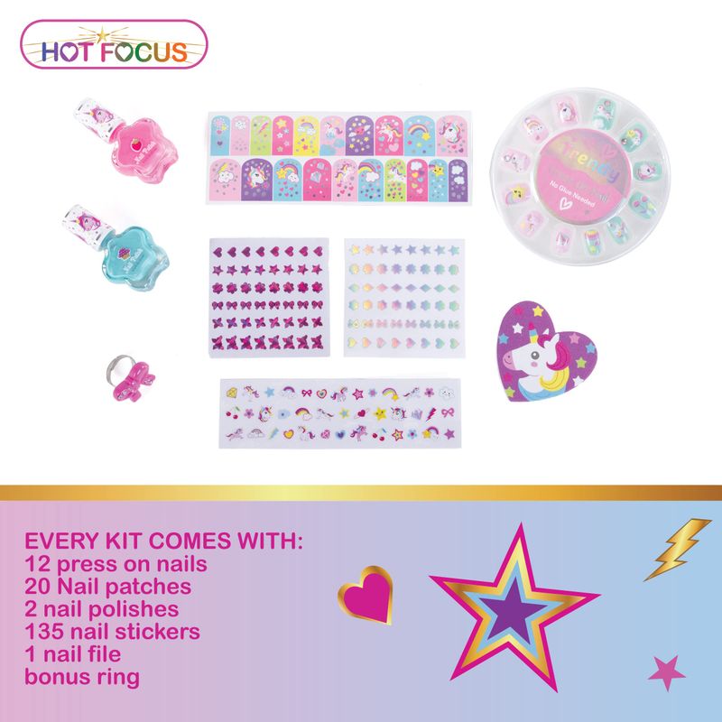 Hot Focus Scented Nail Boutique - 168 Piece Unicorn Nail Art Kit Includes Press on Nails, Nail Patches, Nail Stickers, Nail Polishes, Nail File and Ring - Non-Toxic Water Based Peel Off Nail Polish