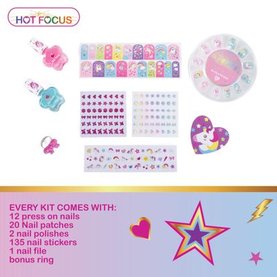 Hot Focus Scented Nail Boutique - 168 Piece Unicorn Nail Art Kit Includes Press on Nails, Nail Patches, Nail Stickers, Nail Polishes, Nail File and Ring - Non-Toxic Water Based Peel Off Nail Polish