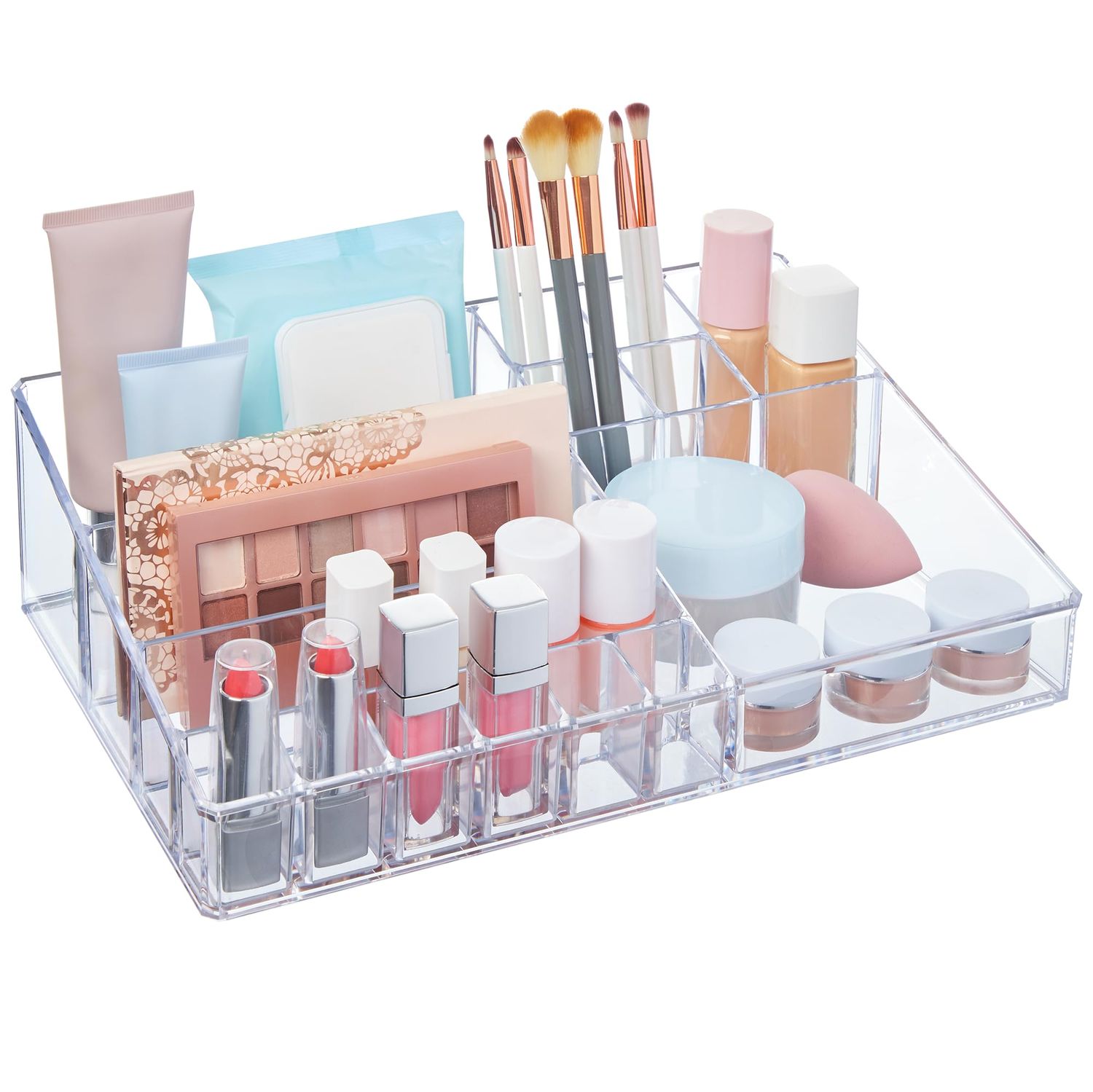 STORi Audrey Clear Vanity Makeup Organizer | 15-Compartment Holder for Brushes, Eyeshadow Palettes, &amp; Beauty Supplies | Stacks on Audrey Storage Drawers | Made in USA