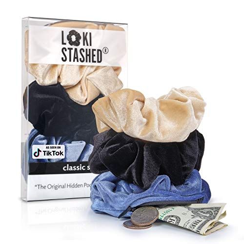LokiStashed 3-Pack Velvet Hair Tie Scrunchies for Girls &amp; Women, The Original Hidden Pocket Scrunchie with Zipper Pocket Storage, Accessories, Small Items, Keys, Money - Navy, Tan, Black Color