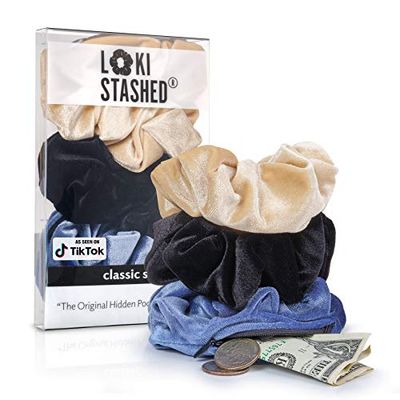 LokiStashed 3-Pack Velvet Hair Tie Scrunchies for Girls &amp; Women, The Original Hidden Pocket Scrunchie with Zipper Pocket Storage, Accessories, Small Items, Keys, Money - Navy, Tan, Black Color
