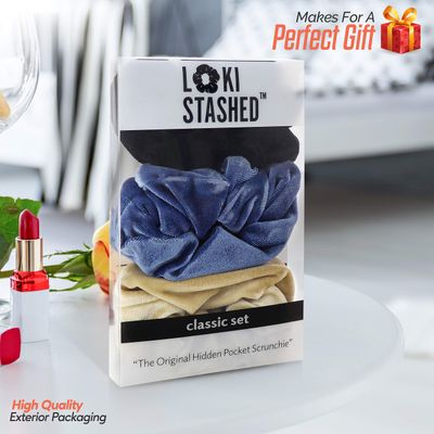 LokiStashed 3-Pack Velvet Hair Tie Scrunchies for Girls &amp; Women, The Original Hidden Pocket Scrunchie with Zipper Pocket Storage, Accessories, Small Items, Keys, Money - Navy, Tan, Black Color