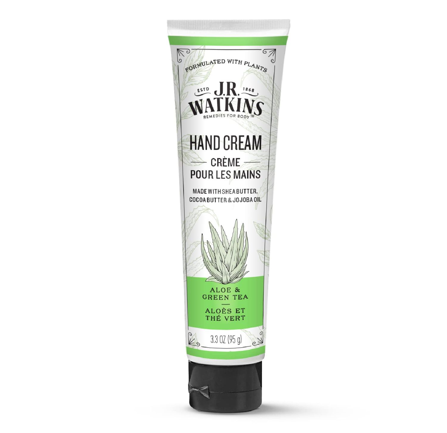 J.R. Watkins Natural Moisturizing Hand Cream, Hydrating Hand Moisturizer with Shea Butter, Cocoa Butter, and Avocado Oil, USA Made and Cruelty Free, 3.3oz, Aloe &amp; Green Tea, Single