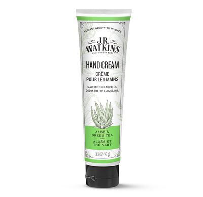 J.R. Watkins Natural Moisturizing Hand Cream, Hydrating Hand Moisturizer with Shea Butter, Cocoa Butter, and Avocado Oil, USA Made and Cruelty Free, 3.3oz, Aloe &amp; Green Tea, Single