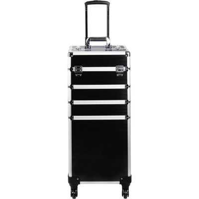 Ver Beauty 4-in-1 Professional Makeup Travel Case (Black Matte) Aluminum Frame, Cosmetic Lockable Large Storage Portable Case, Keylock Security System, Salon Barber Case, 360 Rolling Wheel System