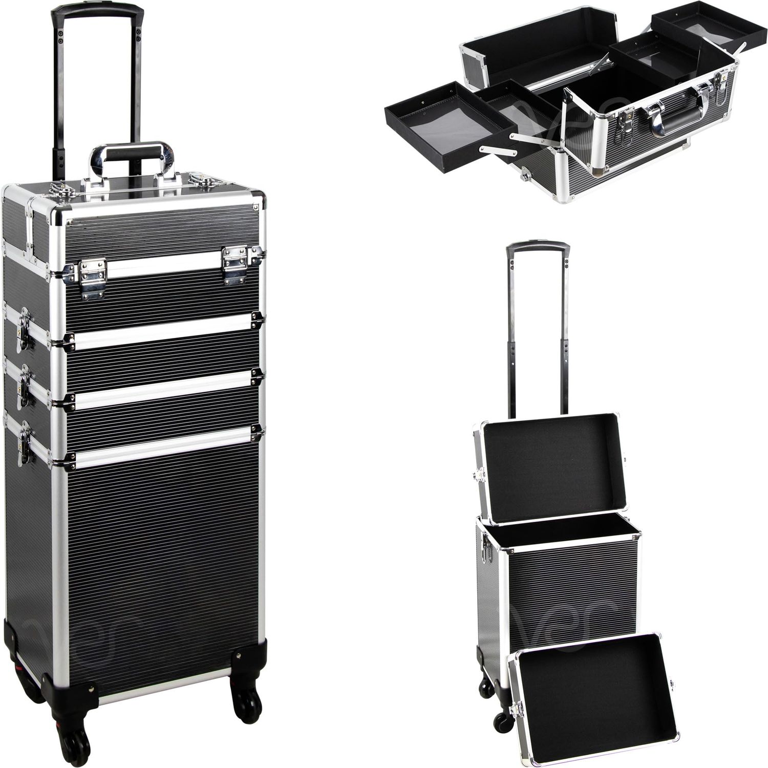 Ver Beauty 4-in-1 Professional Makeup Travel Case (Black Matte) Aluminum Frame, Cosmetic Lockable Large Storage Portable Case, Keylock Security System, Salon Barber Case, 360 Rolling Wheel System