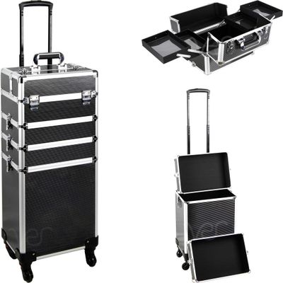 Ver Beauty 4-in-1 Professional Makeup Travel Case (Black Matte) Aluminum Frame, Cosmetic Lockable Large Storage Portable Case, Keylock Security System, Salon Barber Case, 360 Rolling Wheel System