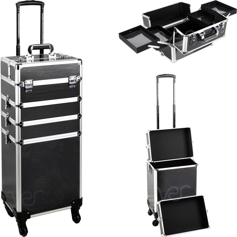 Ver Beauty 4-in-1 Professional Makeup Travel Case (Black Matte) Aluminum Frame, Cosmetic Lockable Large Storage Portable Case, Keylock Security System, Salon Barber Case, 360 Rolling Wheel System