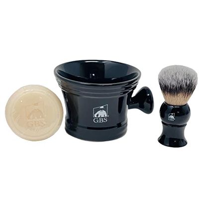 G.B.S Men&#39;s Wet Shaving Black Set - Pack of 3 Piece- Synthetic Hair Shaving Brush, Ceramic Mug and 97% All Natural Shaving Soap Compliments for any Shaving Razor