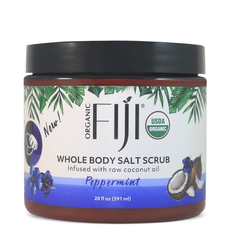 Organic Fiji Whole Body Scrub - Infused with Coconut Oil, Exfoliating Sea salt Scrub for Smooth and Soft Skin, Exfoliates &amp; Restores Skin&#39;s Natural Biosphere, Peppermint 20 oz