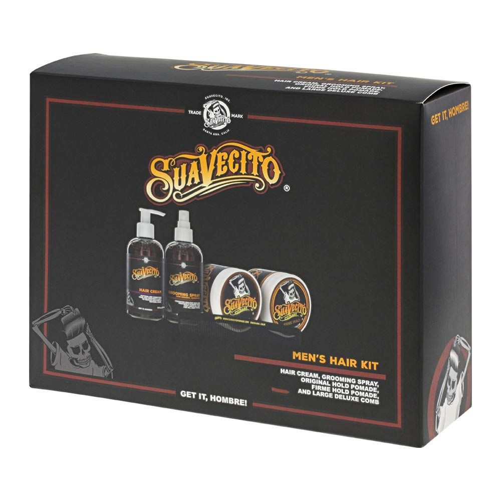 Suavecito Men&#39;s 5 PC Hair Kit - Original &amp; Firme (Strong) Hold Medium Shine Pomade, Hair Cream and Grooming Spray, Large Deluxe Comb